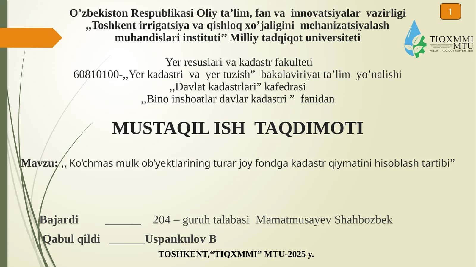 Ko‘chmas mullkob’yektlarining turar joy fondga kadastr qiymatini hisoblash tartibi