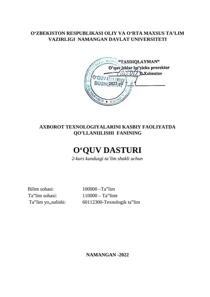 Axborot texnologiyalarini kasbiy faoliyatda qo’llanilishi