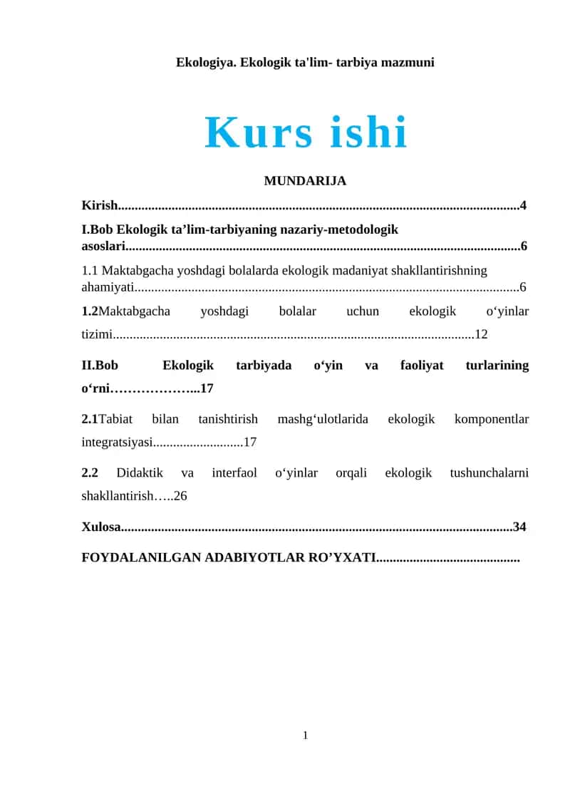 Ekologiya. Ekologik ta'lim- tarbiya mazmuni