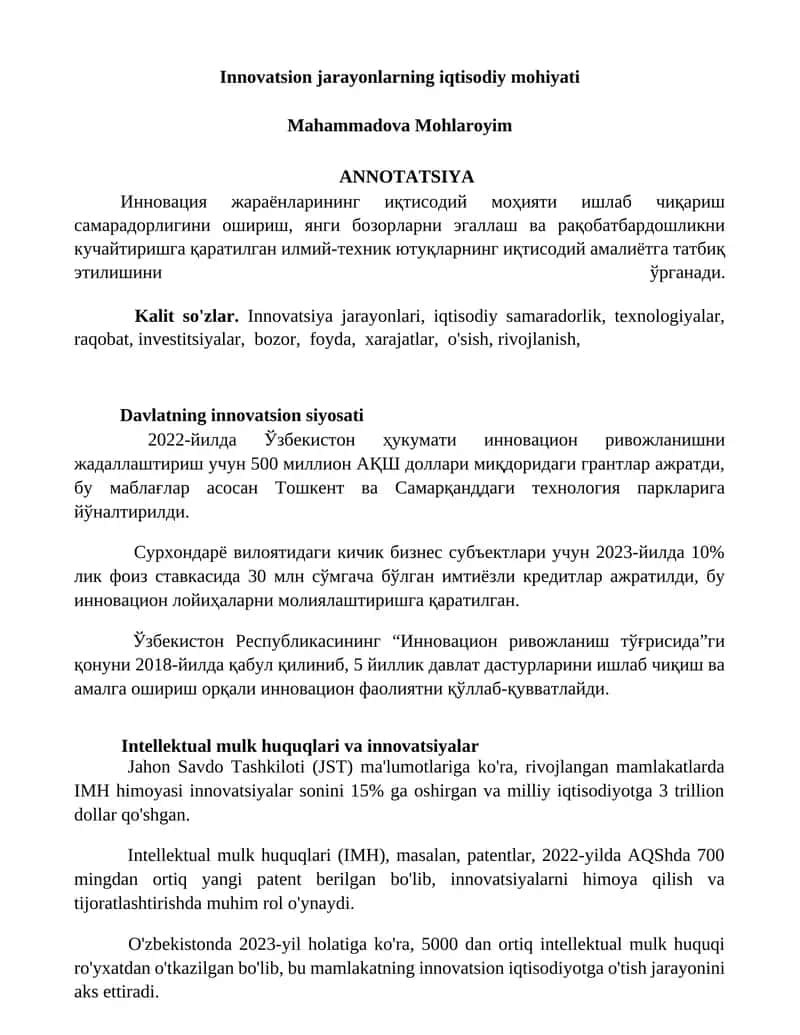 Innovatsion jarayonlarning iqtisodiy mohiyati