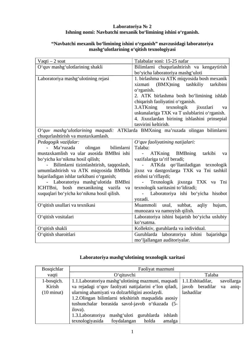 "Navbatchi mexanik bo‘limining ishini o‘rganish"