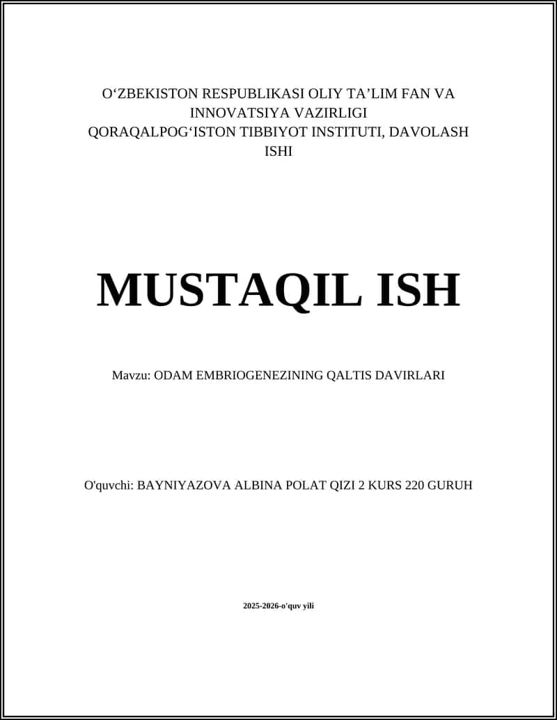 ODAM EMBRIOGENEZINING QALTIS DAVIRLARI