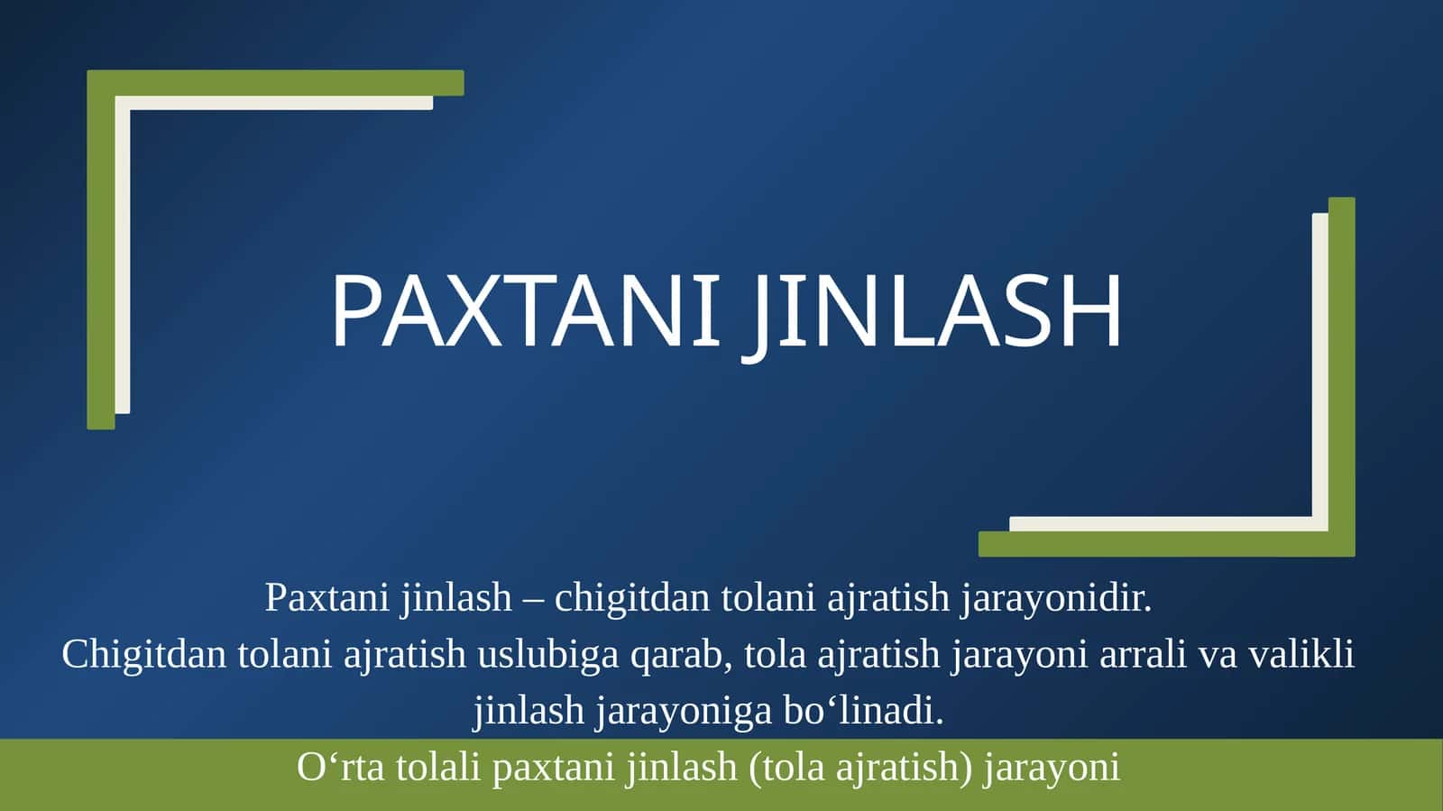 O‘rta tolali paxtani jinlash (tola ajratish) jarayoni