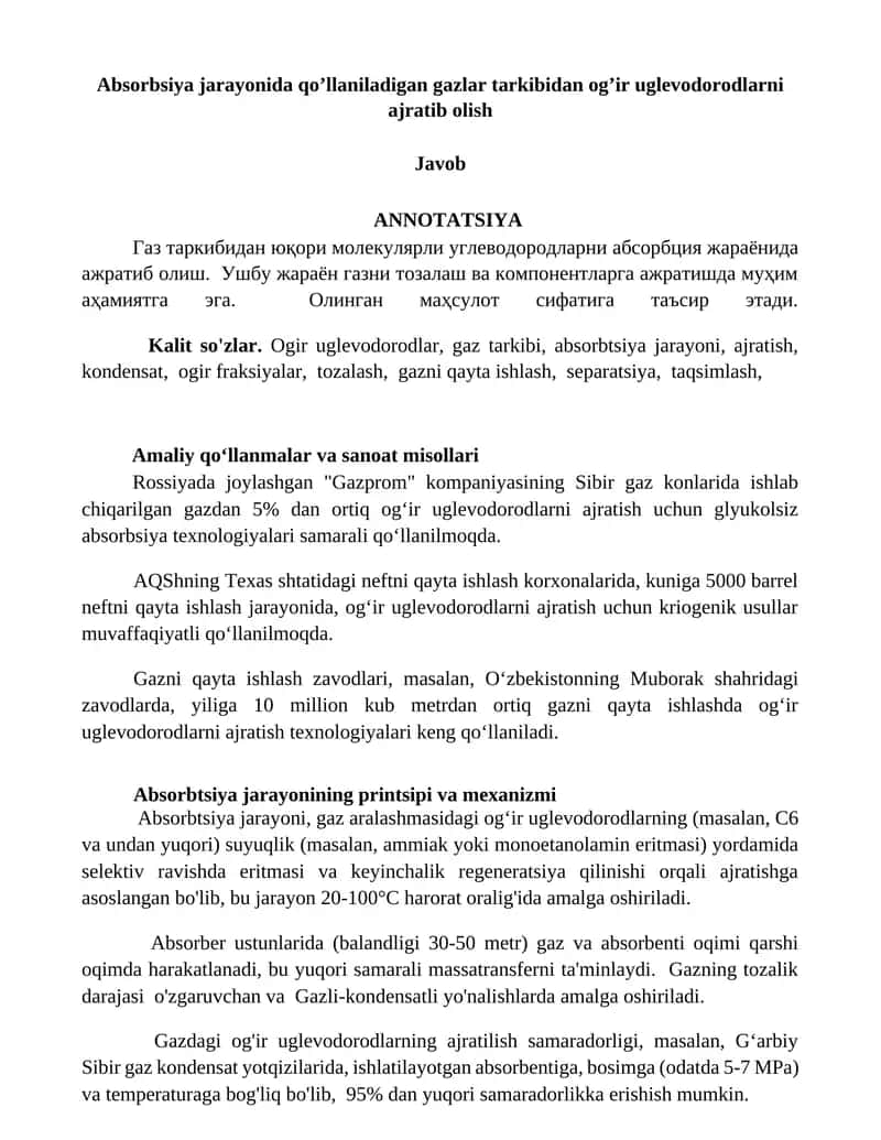Og'ir uglevodorodlarni absorbtsiya qilish