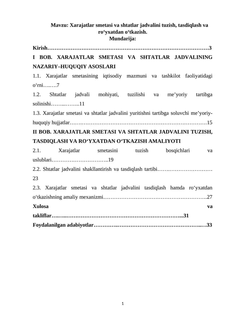 Xarajatlar smetasi va shtatlar jadvalini tuzish, tasdiqlash va ro‘yхatdan o‘tkazish