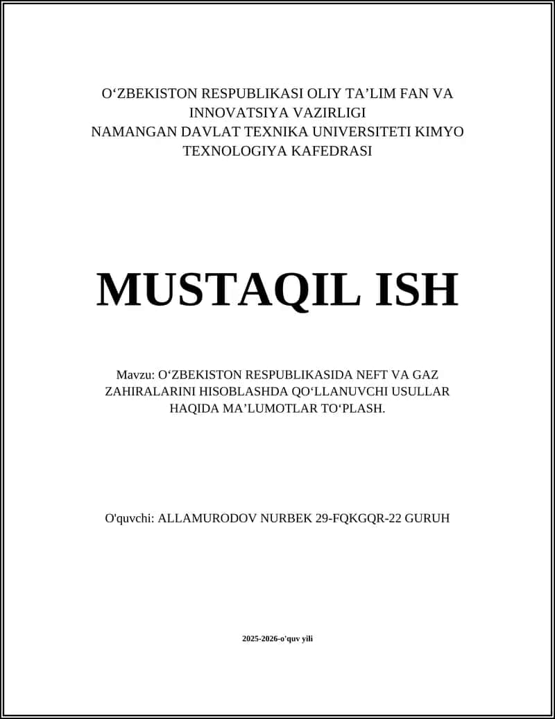 O‘zbekiston Respublikasida Neft va Gaz Zahiralarini Hisoblash