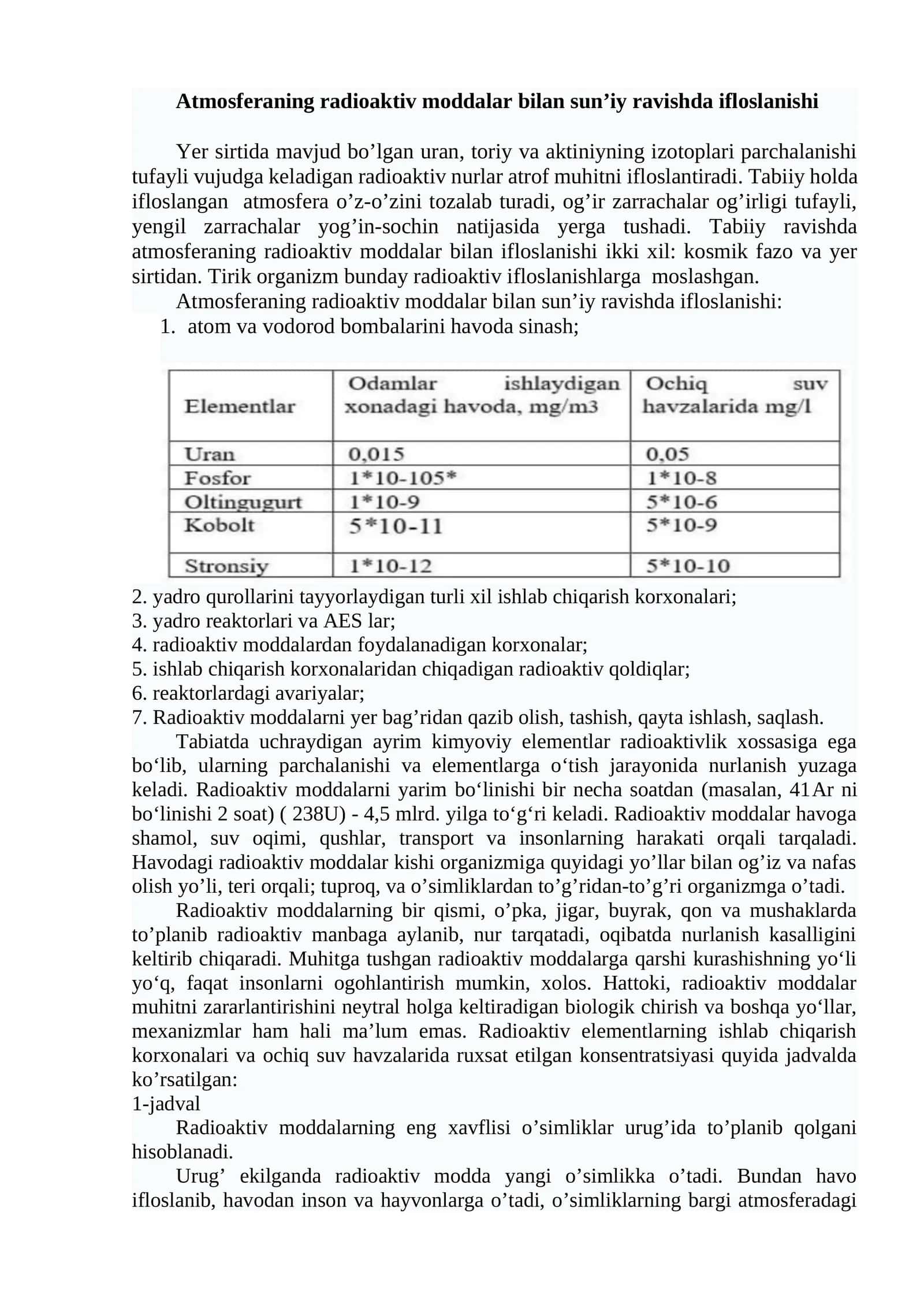 Atmosferaning radioaktiv moddalar bilan sun’iy ravishda ifloslanishi