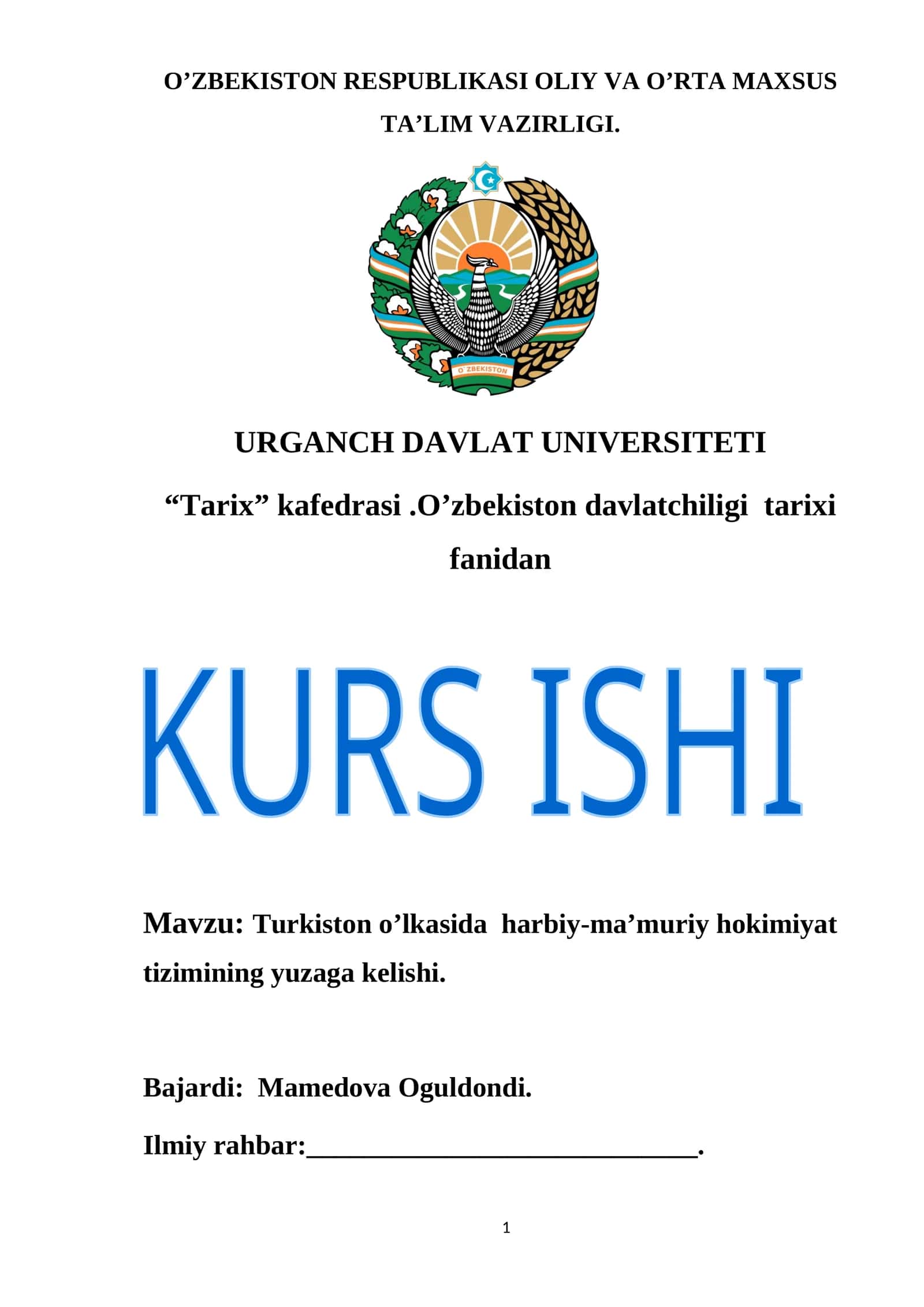 Turkiston o’lkasida harbiy-ma’muriy hokimiyat tizimining yuzaga kelishi