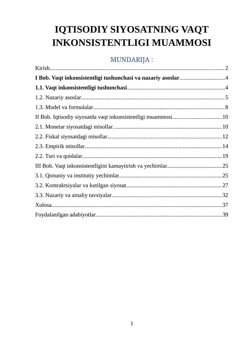 IQTISODIY SIYOSATNING VAQT INKONSISTENTLIGI MUAMMOSI