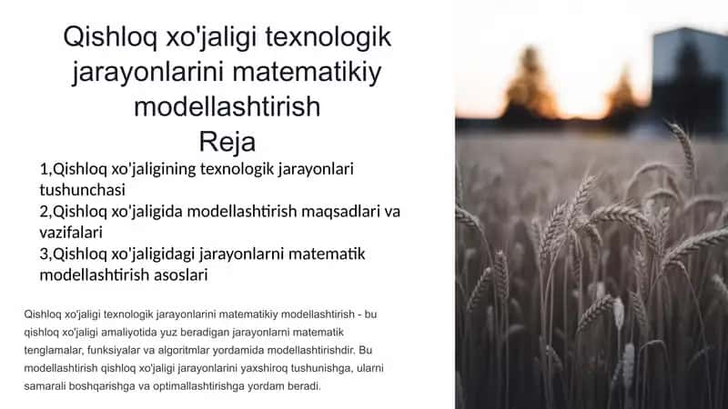 Qishloq xo'jaligi texnologik jarayonlarini matematikiy modellashtirish