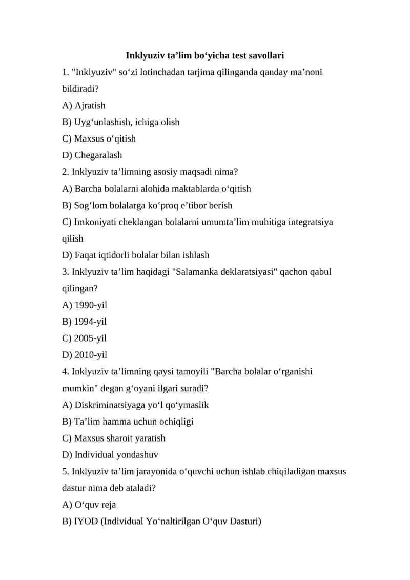 Inklyuziv ta’lim bo‘yicha test savollari Inklyuziv ta’lim bo‘yicha test savollari