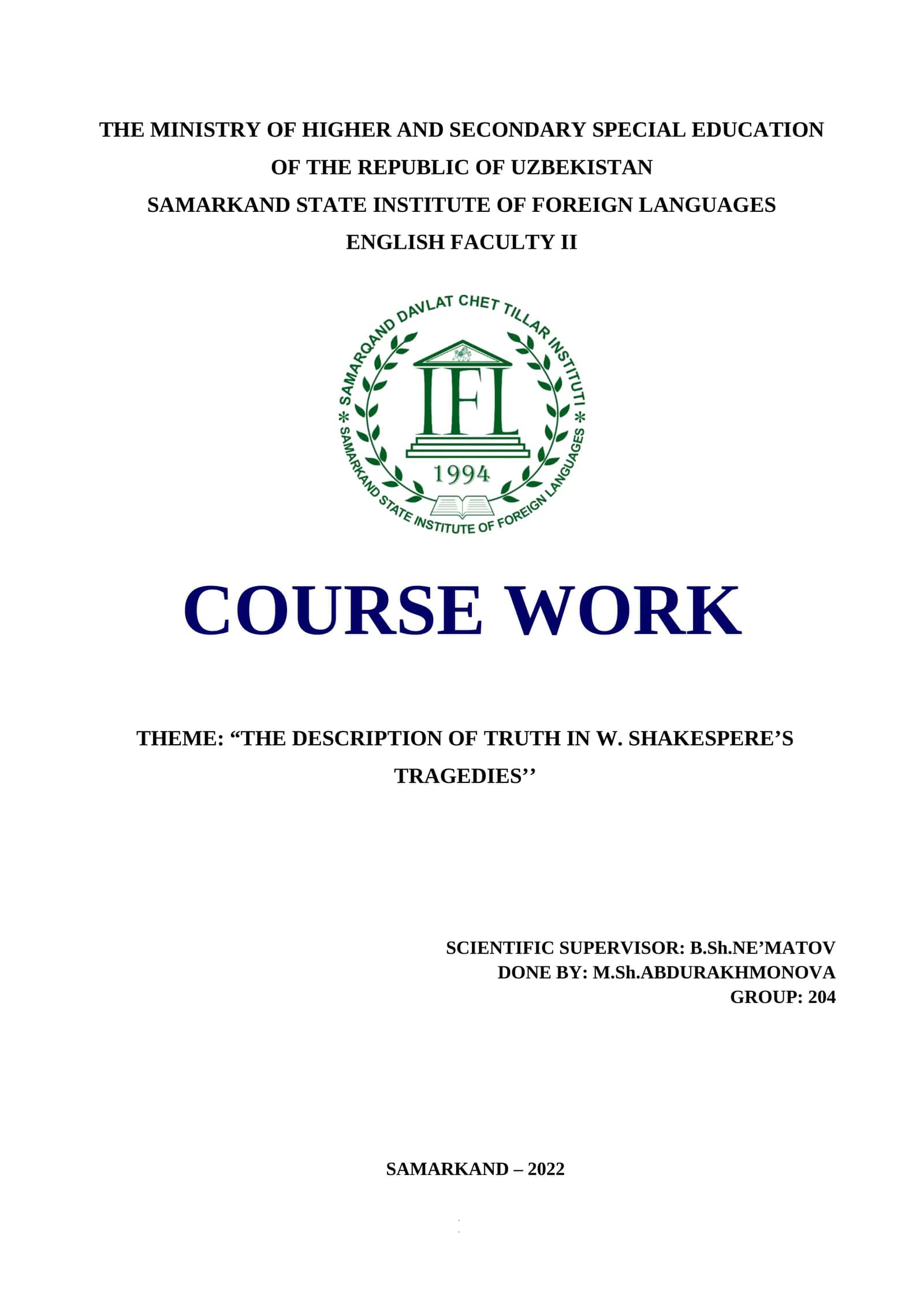 COURSE WORK "THE DESCRIPTION OF TRUTH IN W. SHAKESPERE’S TRAGEDIES"