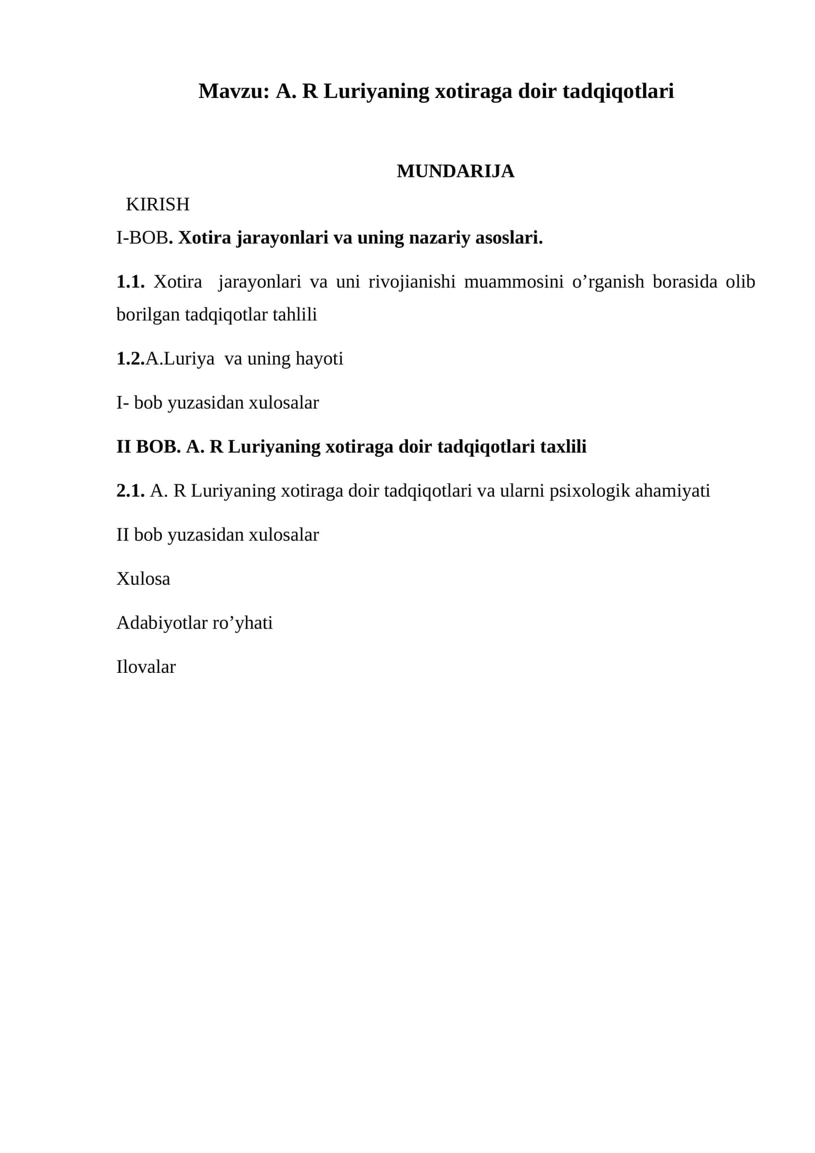 A.R Luriyaning xotiraga doir tadqiqotlari