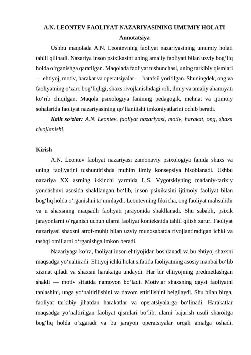 A.N.Leontev faoliyat nazariyasining umumiy holati