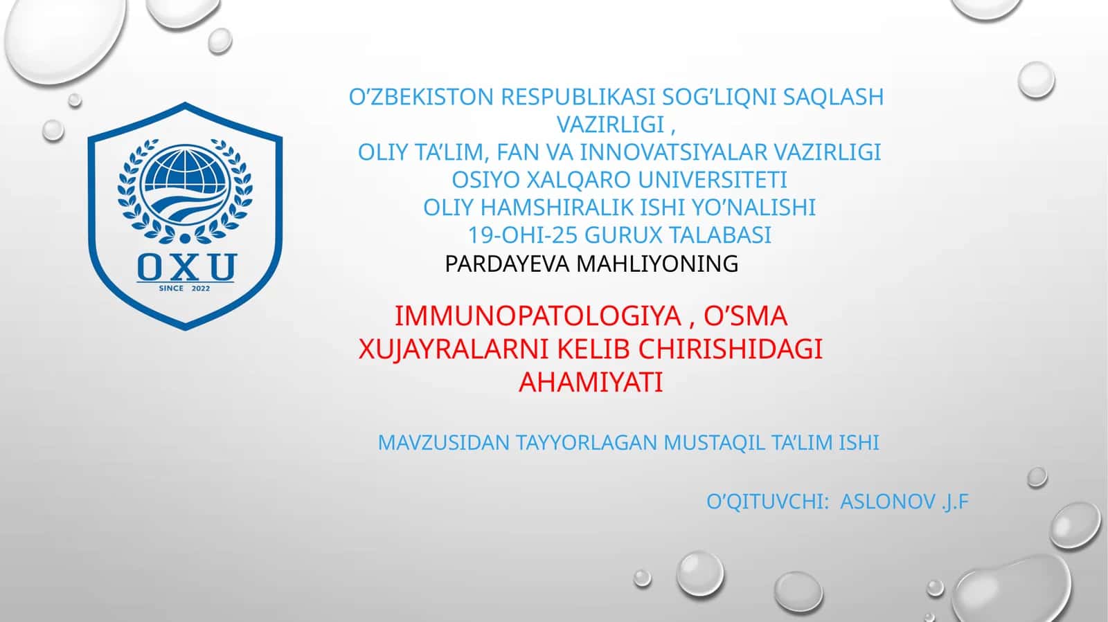 IMMUNOPATOLOGIYA, O’SMA XUJAYRALARNI KELIB CHIRISHIDAGI AHAMIYATI