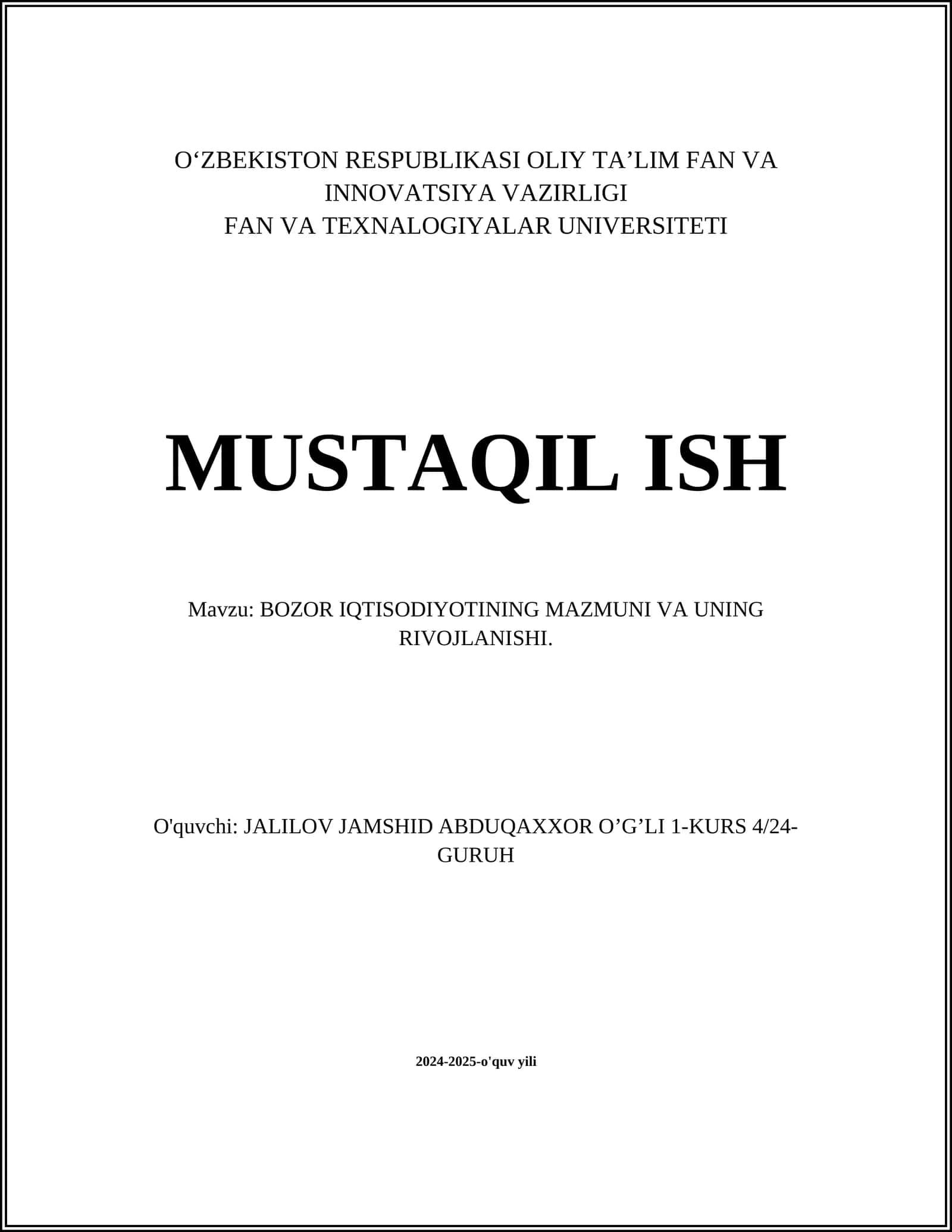 BOZOR IQTISODIYOTINING MAZMUNI VA UNING RIVOJLANISHI