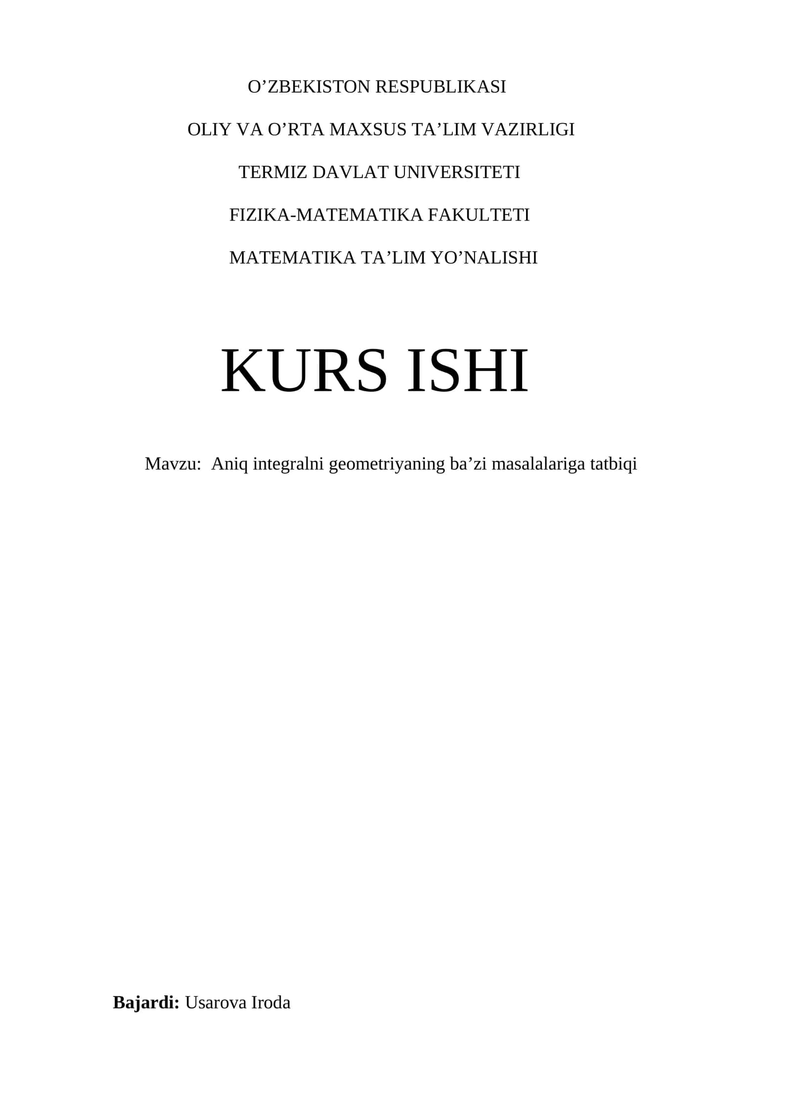 Aniq integralni geometriyaning ba’zi masalalariga tatbiqi
