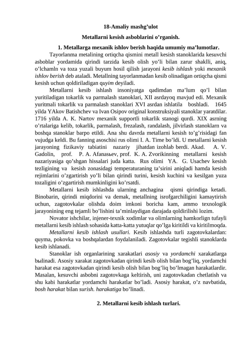 Metallarni kesish asboblarini o’rganish