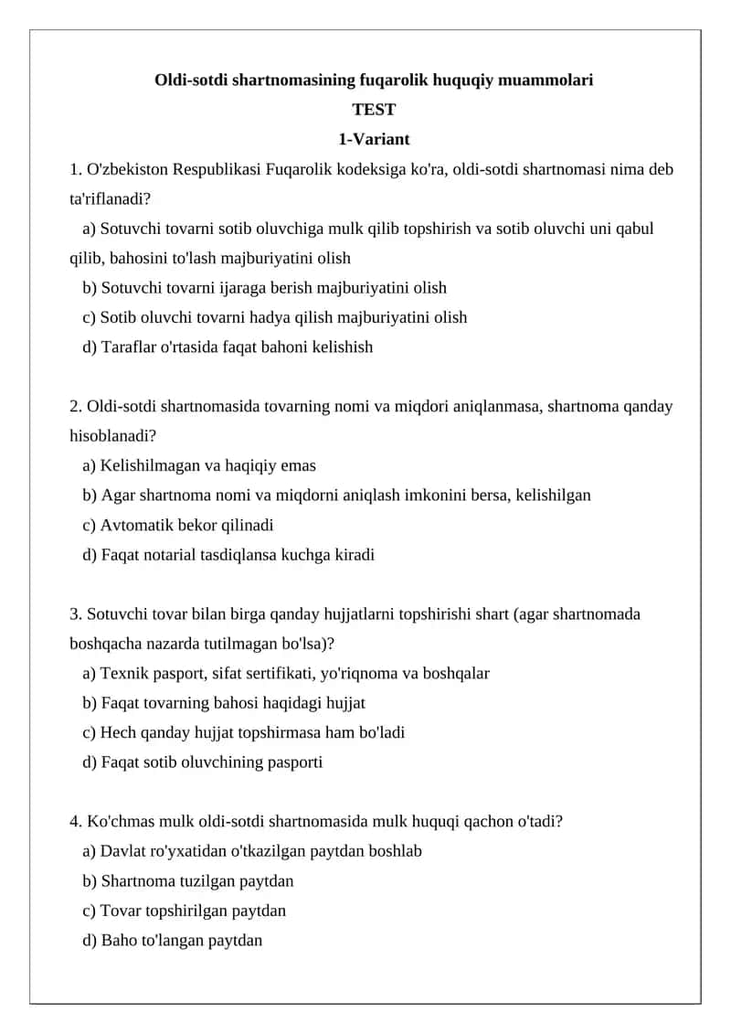 Oldi-sotdi shartnomasining fuqarolik huquqiy muammolari