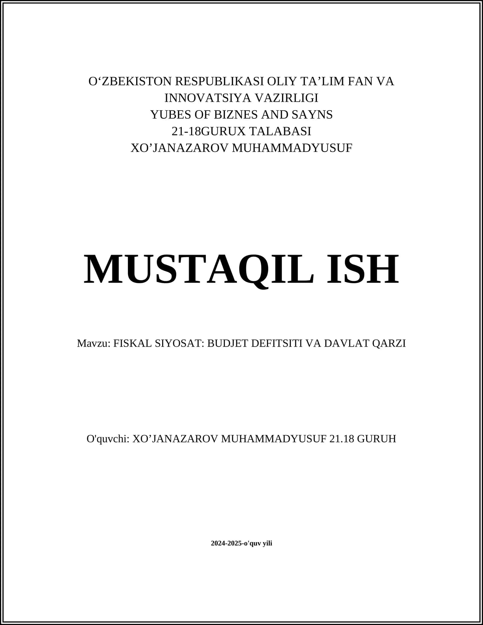 FISKAL SIYOSAT: BUDJET DEFITSITI VA DAVLAT QARZI