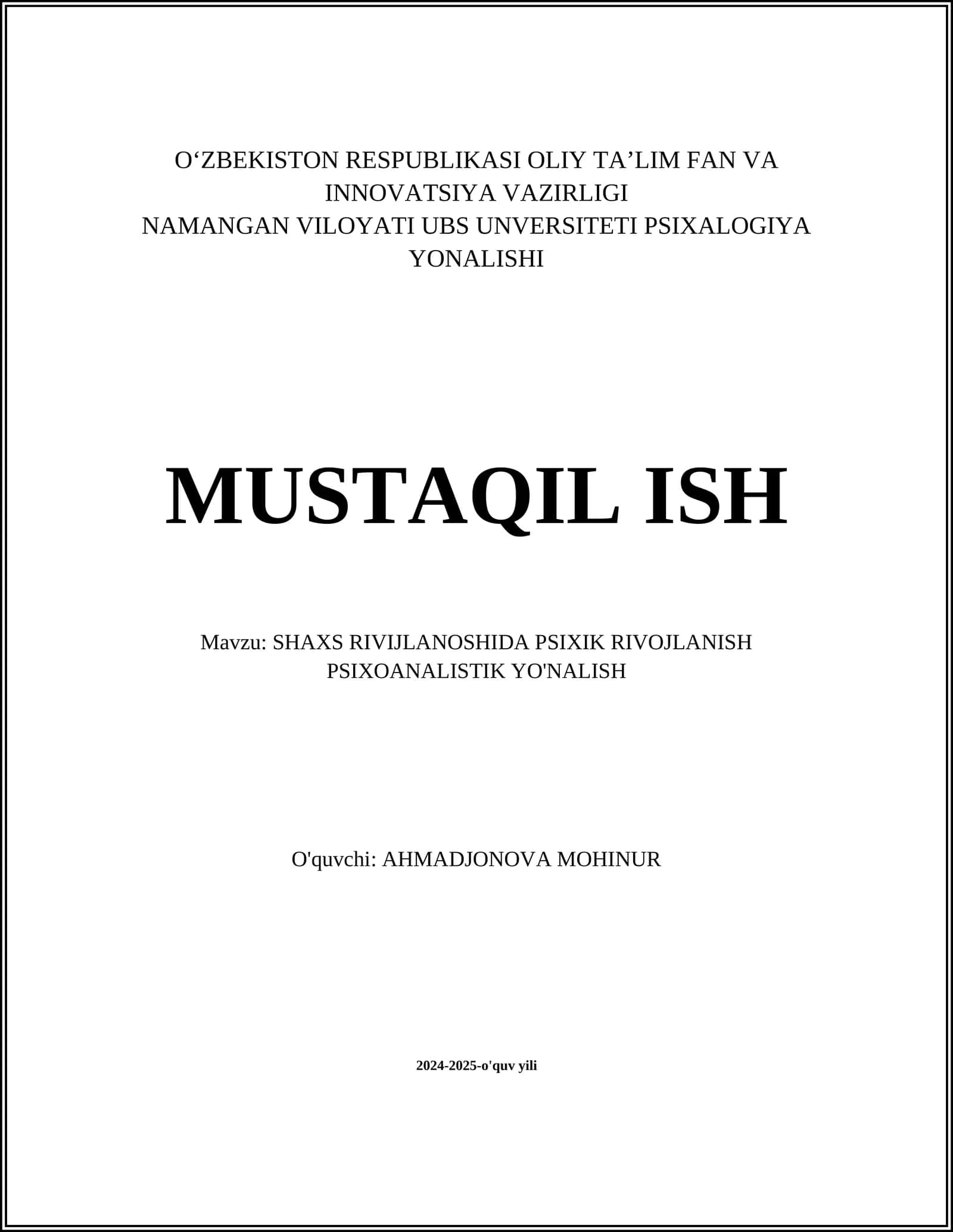 SHAXS RIVIJLANOSHIDA PSIXIK RIVOJLANISH PSIXOANALISTIK YO'NALISH