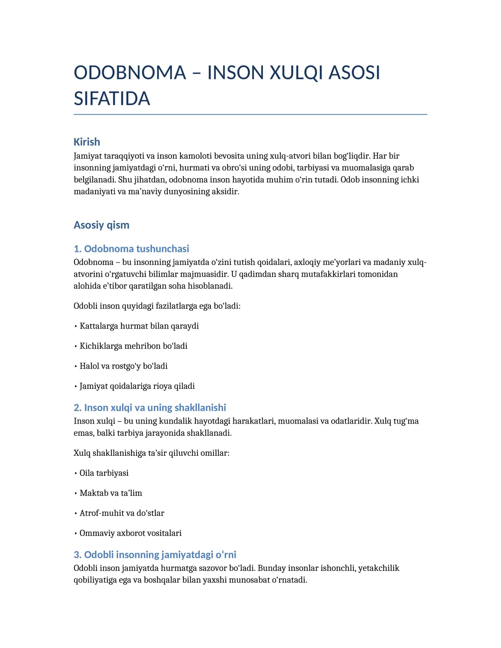 ODOBNOMA – INSON XULQI ASOSI SIFATIDA