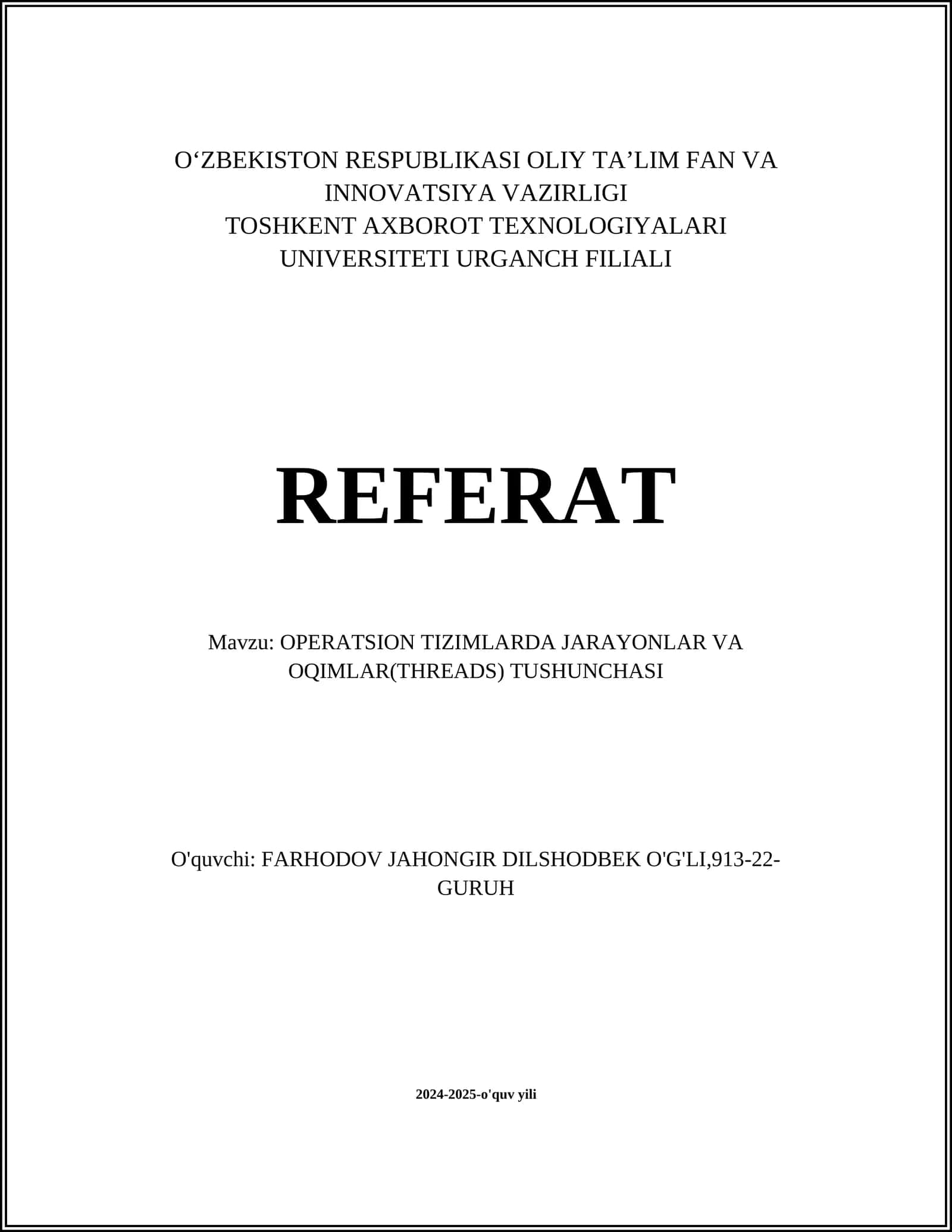 OPERATSION TIZIMLARDA JARAYONLAR VA OQIMLAR(THREADS) TUSHUNCHASI