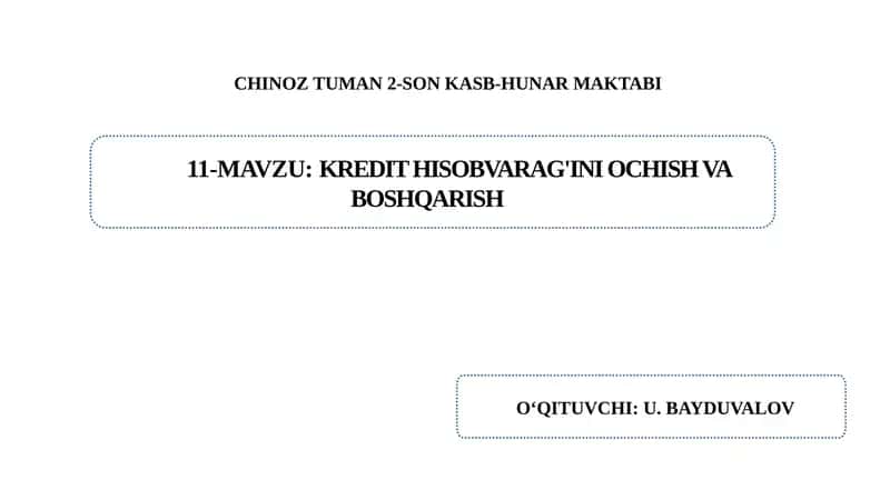 Kredit hisobvarag’ini ochish tartibi, kredit berish va qaytarish operastiyalarining va foizlar undirilishining hisobi.