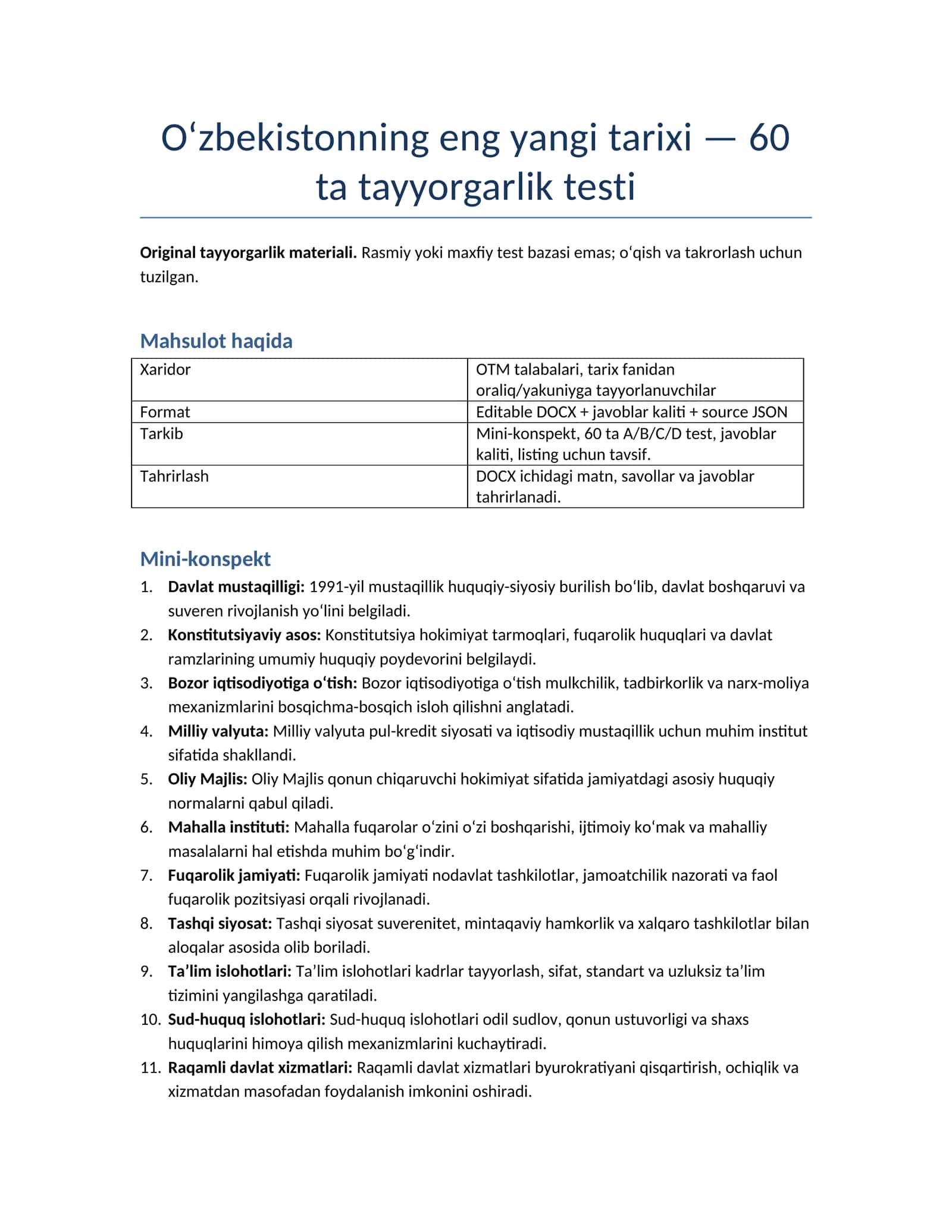 O‘zbekistonning eng yangi tarixi — 60 ta tayyorgarlik testi