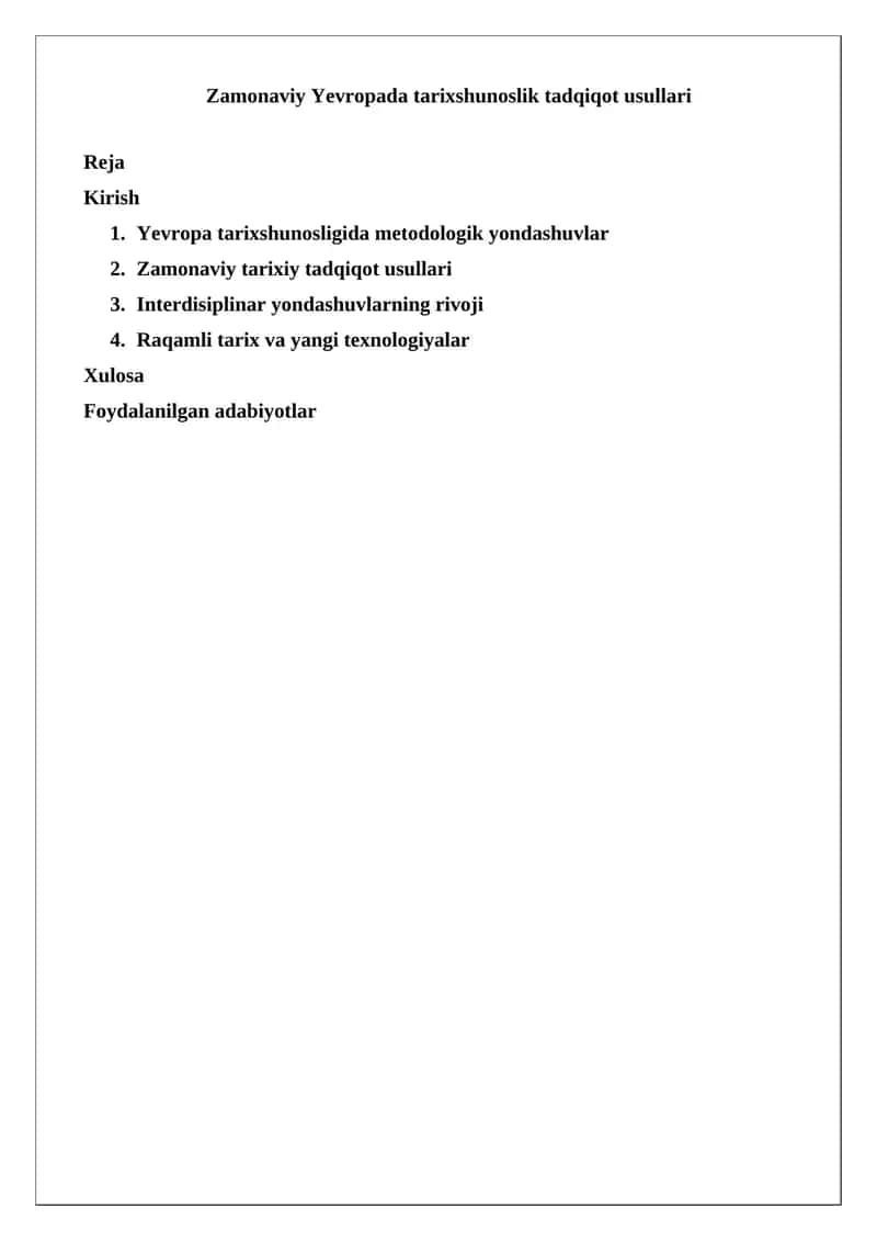 Zamonaviy Yevropada tarixshunoslik tadqiqot usullari