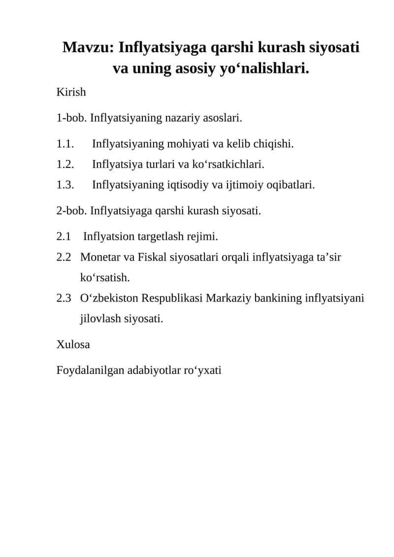 Inflyatsiyaga qarshi kurash siyosati va uning asosiy yo‘nalishlari