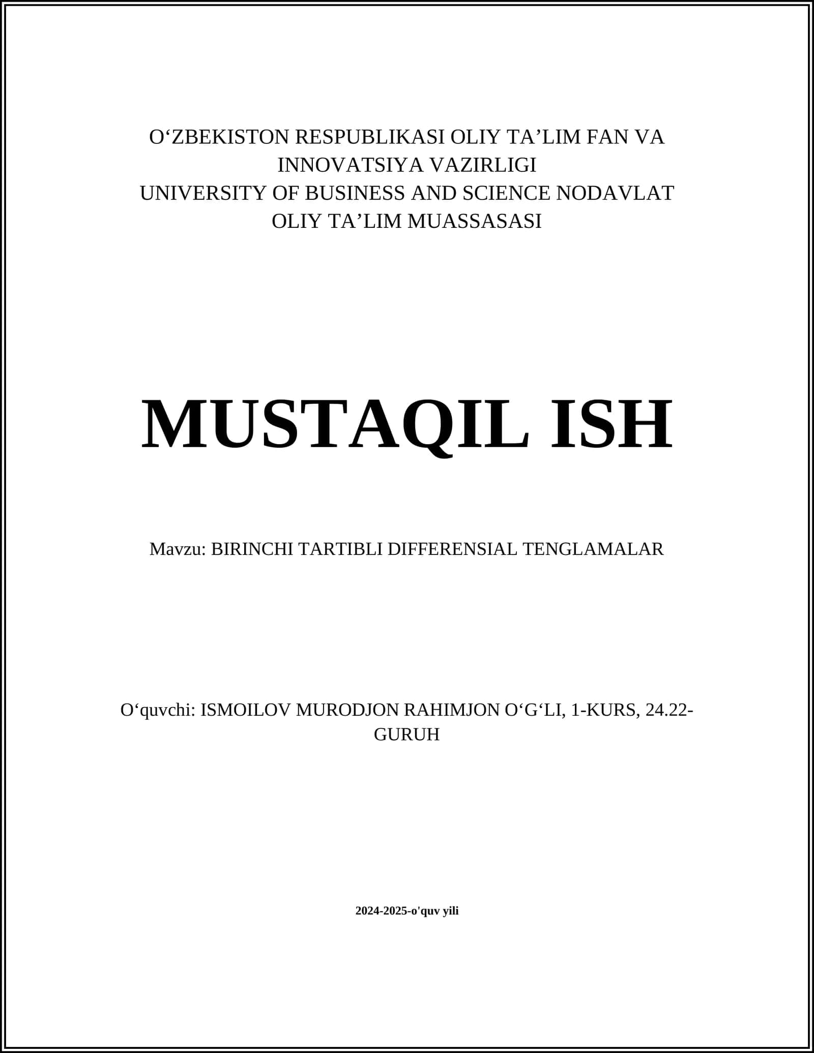 BIRINCHI TARTIBLI DIFFERENSIAL TENGLAMALAR