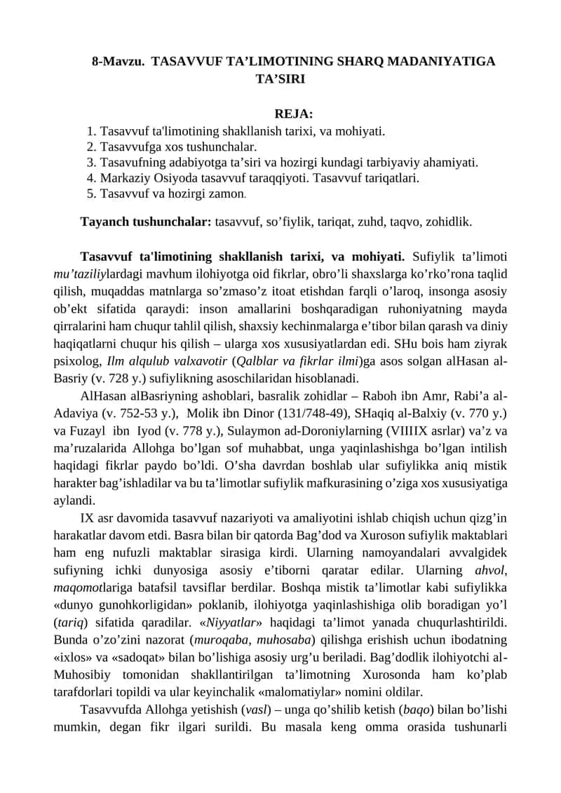 TASAVVUF TAʼLIMOTINING SHARQ MADANIYATIGA TA’SIRI