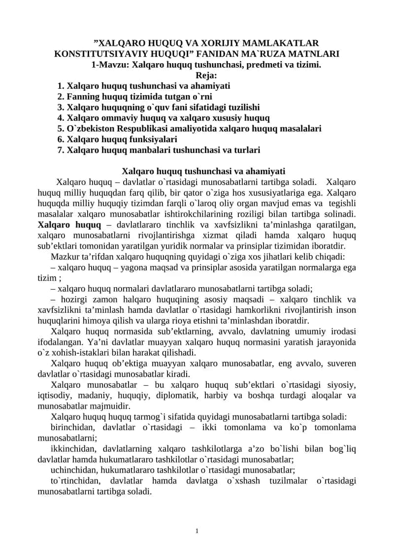 XALQARO HUQUQ VA XORIJIY MAMLAKATLAR KONSTITUTSIYAVIY HUQUQI