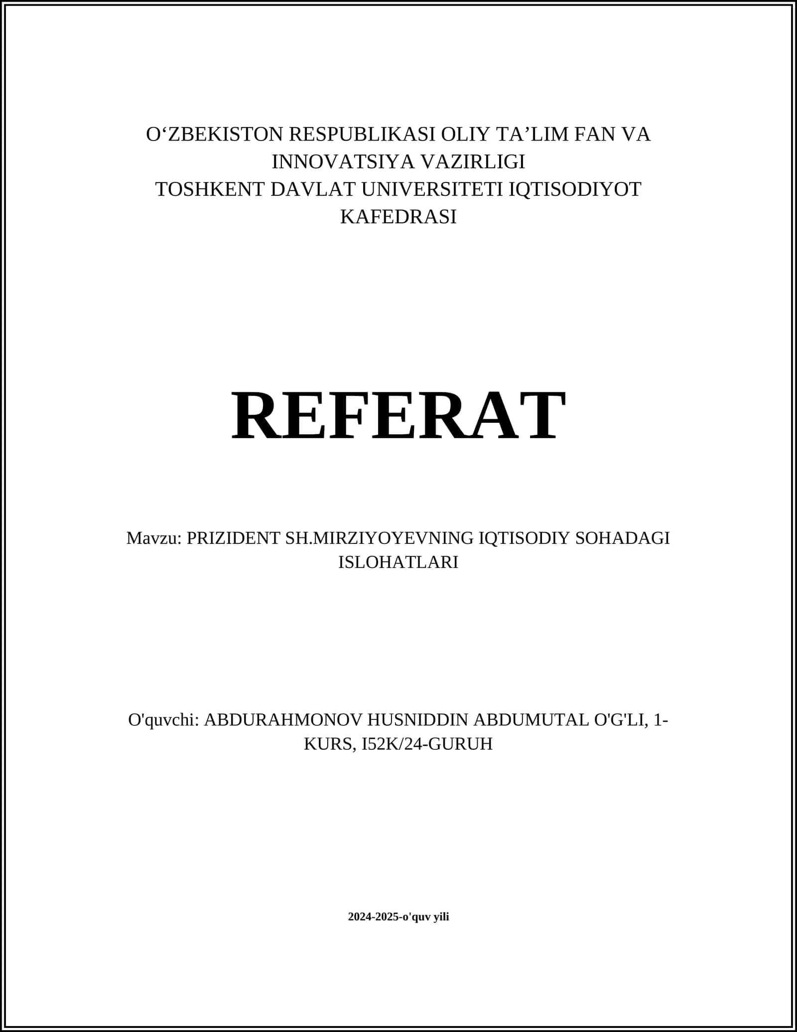 PRIZIDENT SH.MIRZIYOYEVNING IQTISODIY SOHADAGI ISLOHATLARI