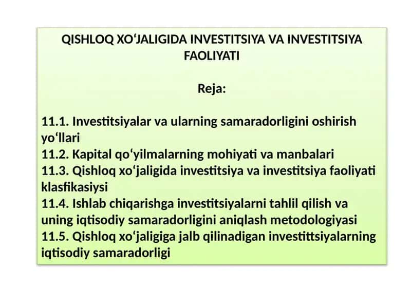 QISHLOQXO‘JALIGIDAINVESTITSIYA VA INVESTITSIYAFAOLIYATI