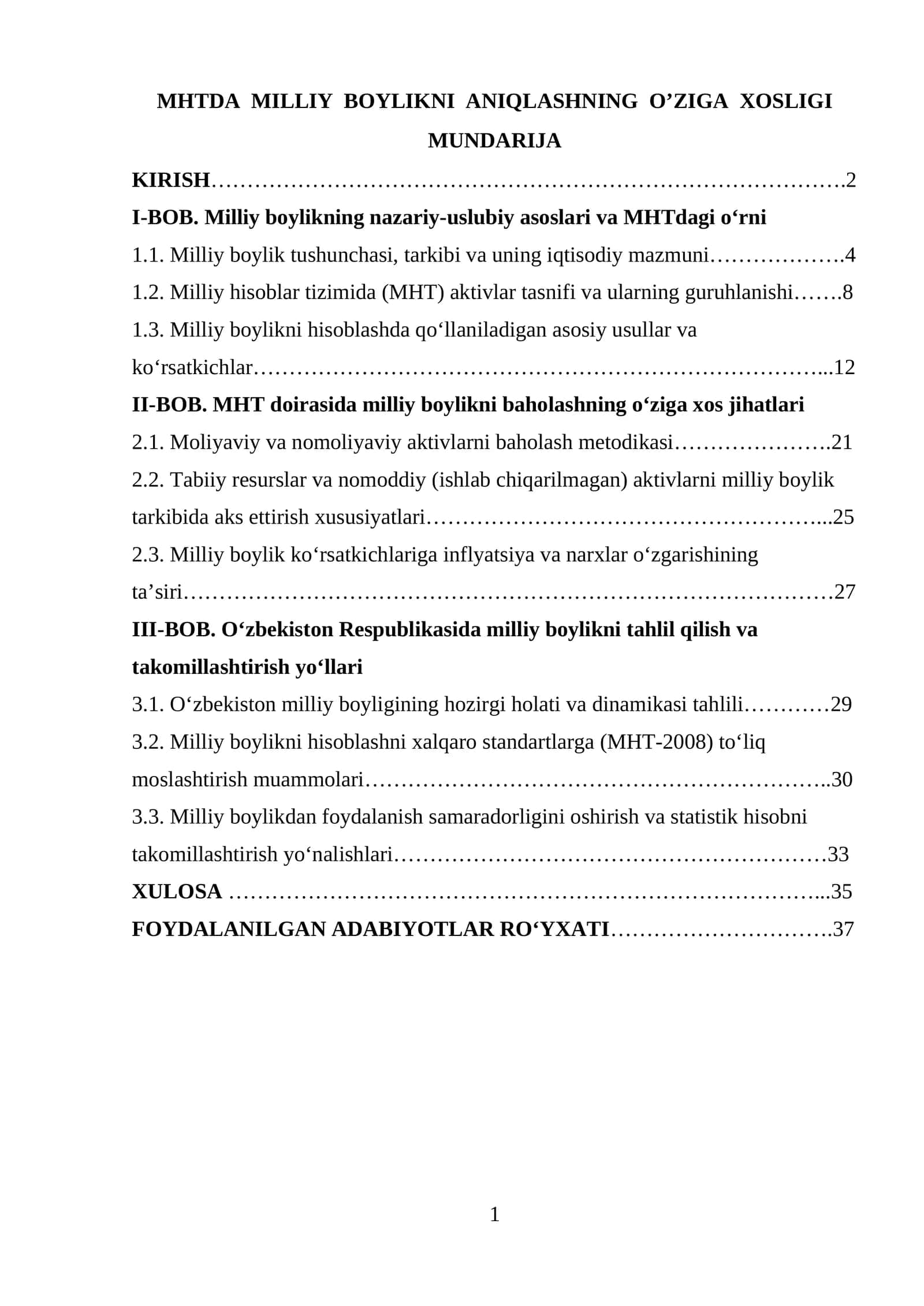 MHTDA MILLIY BOYLIKNI ANIQLASHNING O’ZIGA XOSLIGI