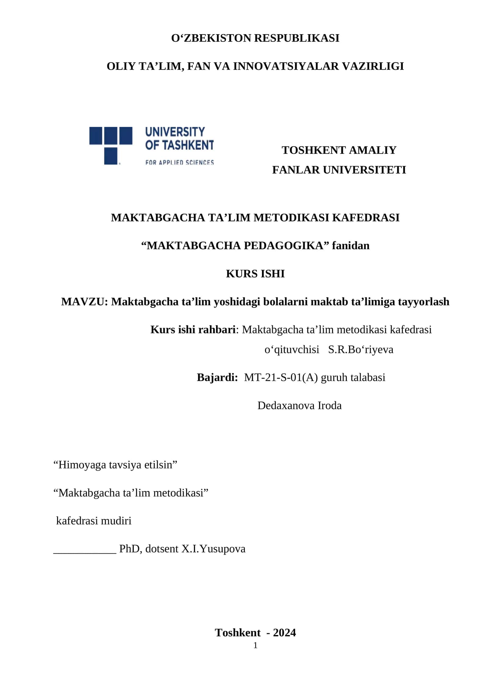 MAKTABGACHA PEDAGOGIKA fanidan KURS ISHI