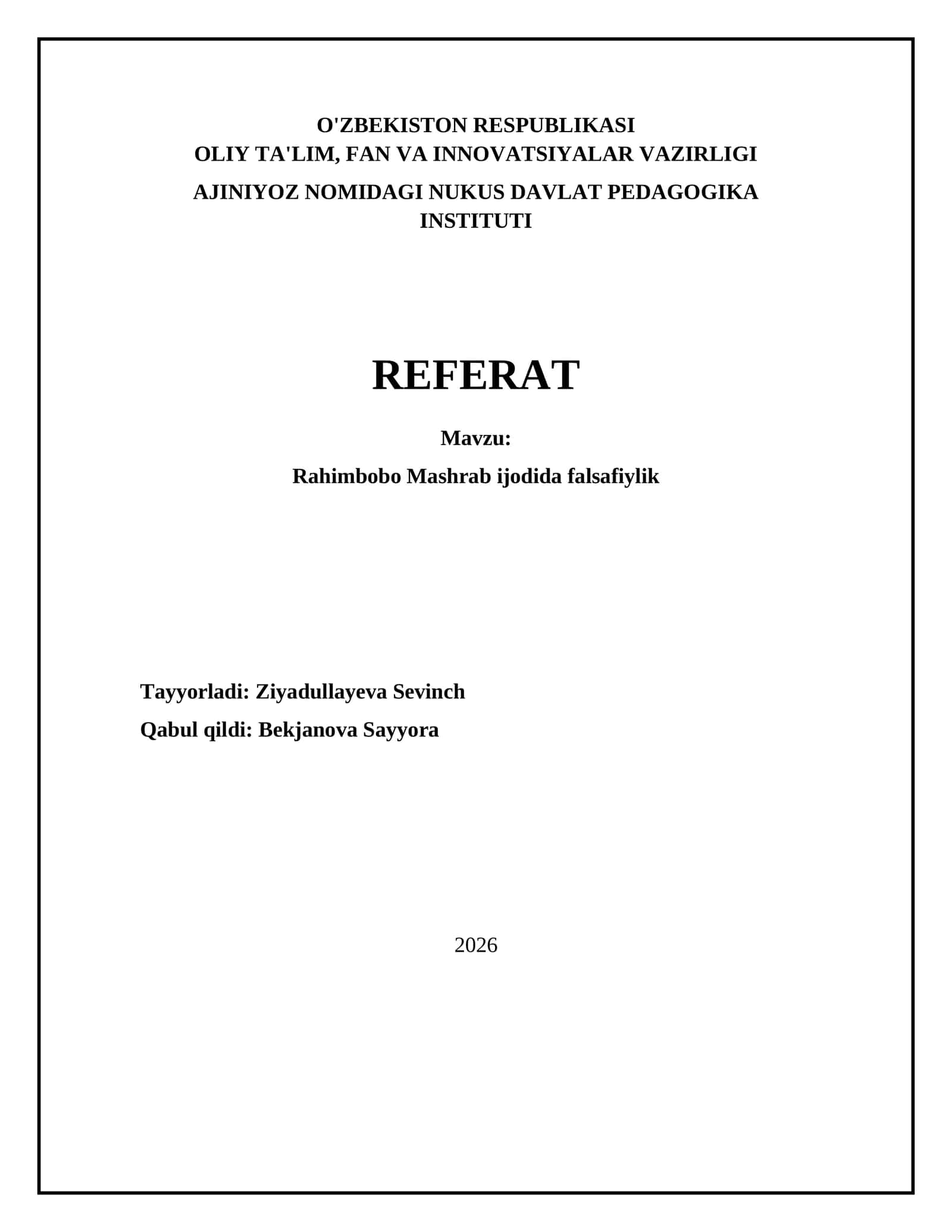 Rahimbobo Mashrab ijodida falsafiylik