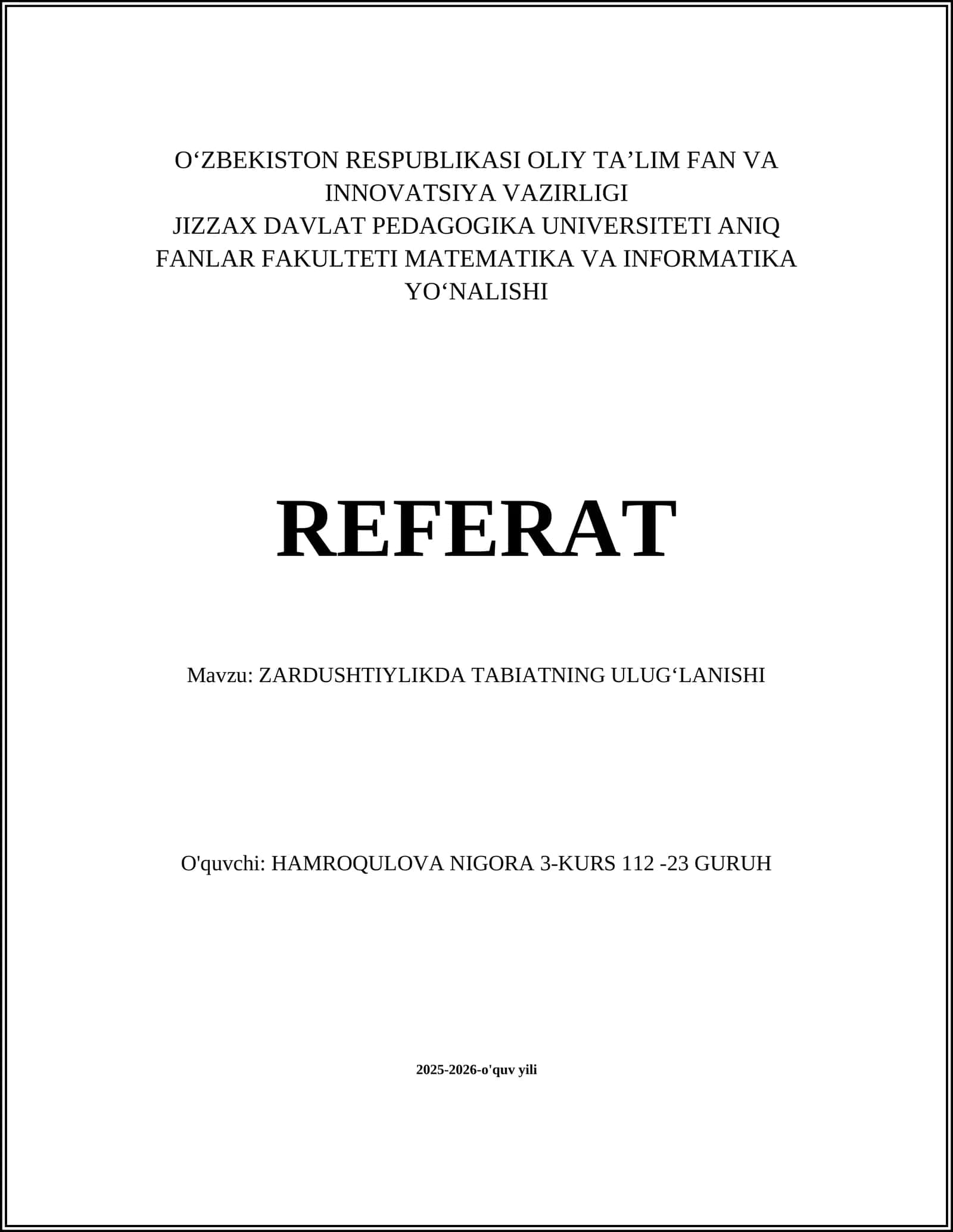 ZARDUSHTIYLIKDA TABIATNING ULUGʻLANISHI