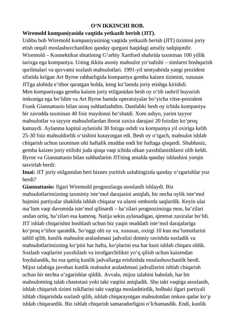Wiremold kompaniyasidagi vaqtida yetkazib berish (JIT) tizimini joriy etish