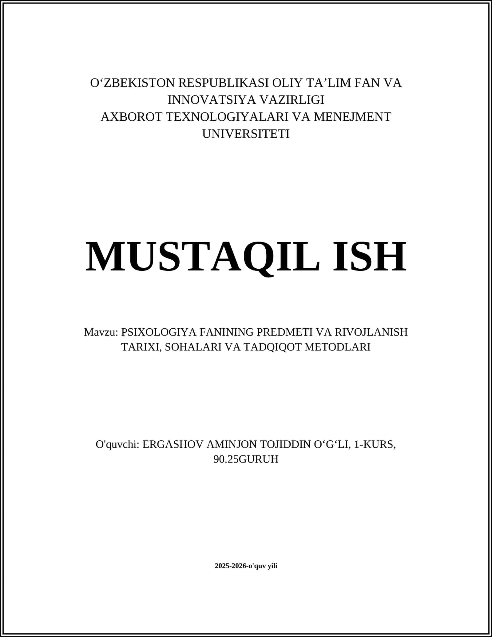 PSIXOLOGIYA FANINING PREDMETI VA RIVOJLANISH TARIXI