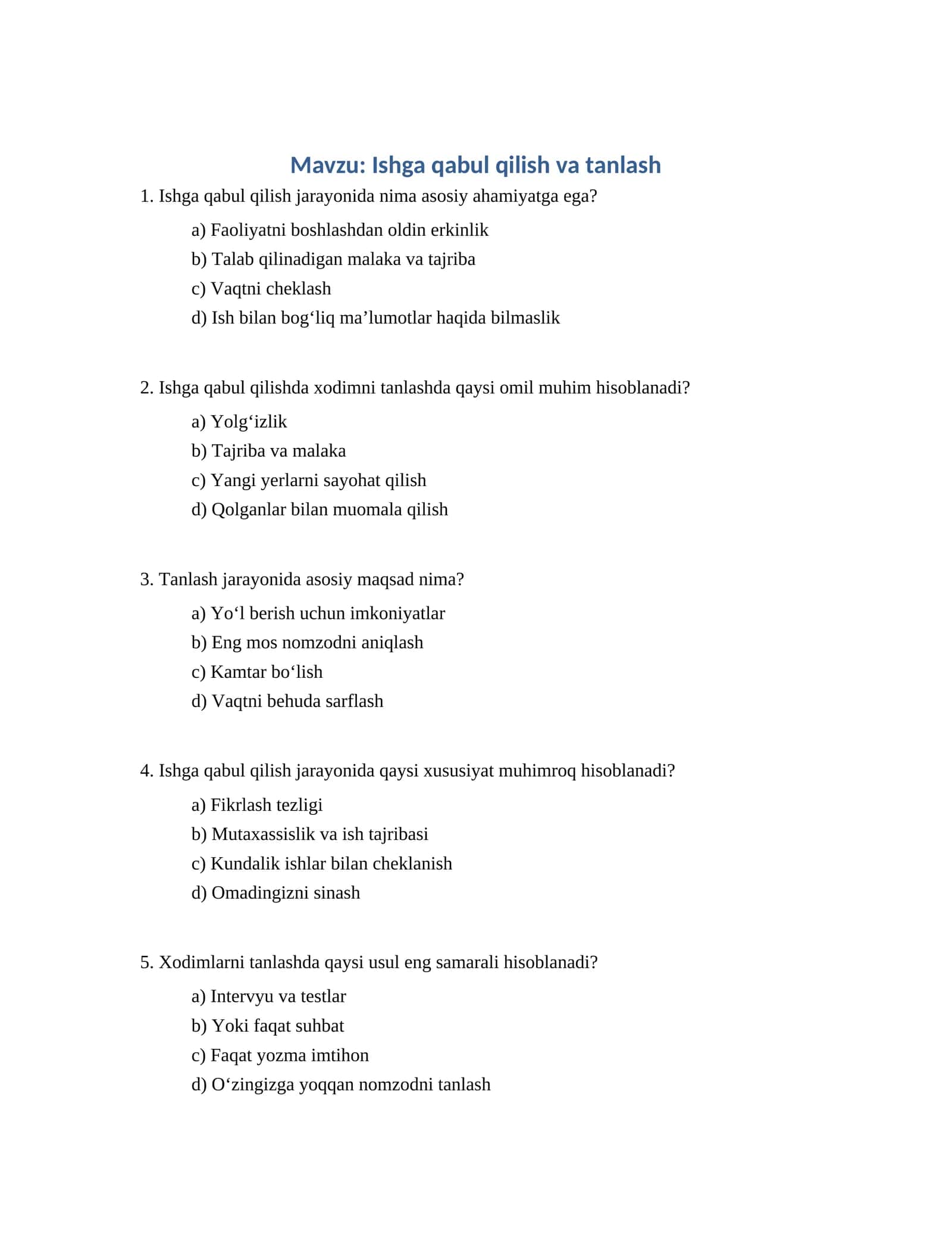 Ishga qabul qilish va tanlash