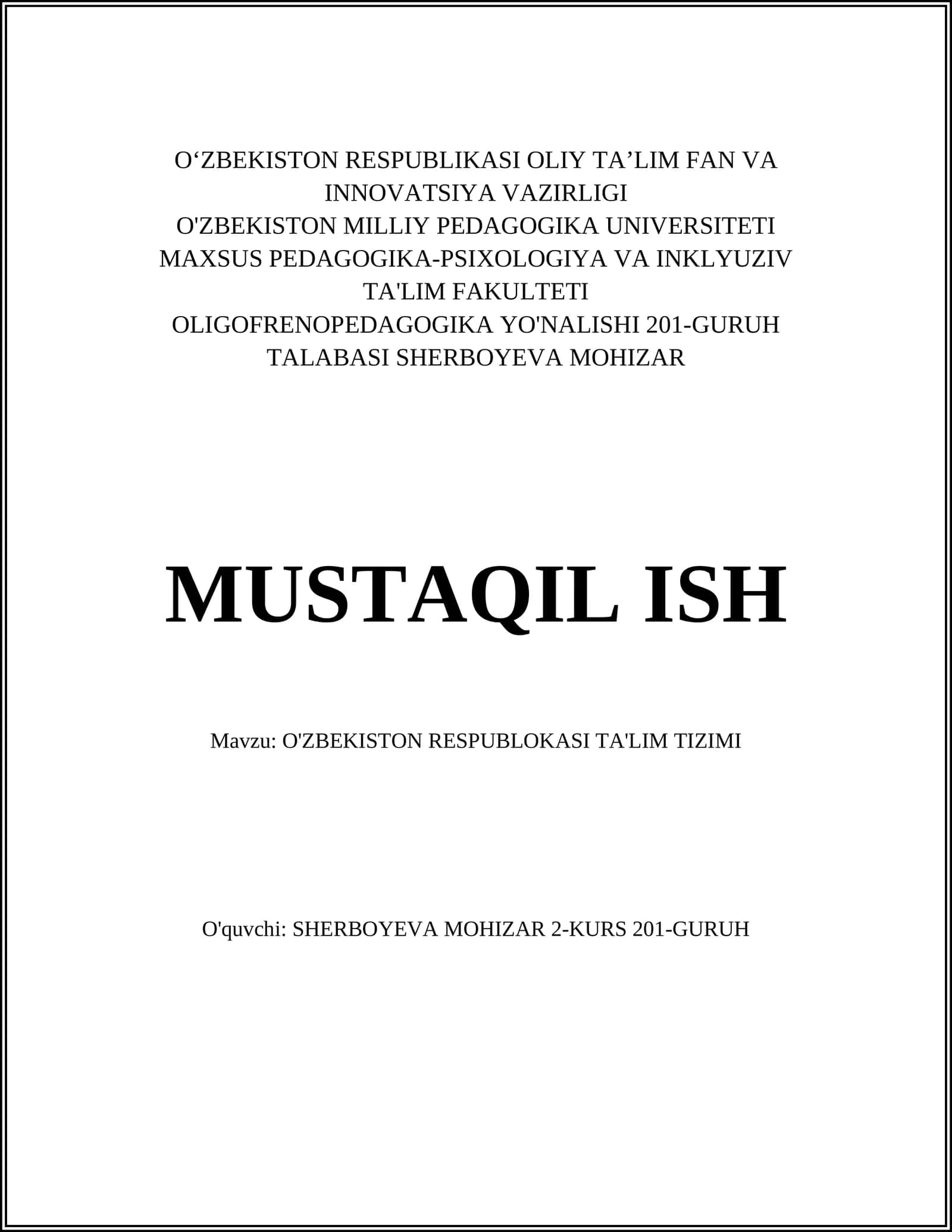 O'zbekiston Respublikasi Ta'lim Tizimi