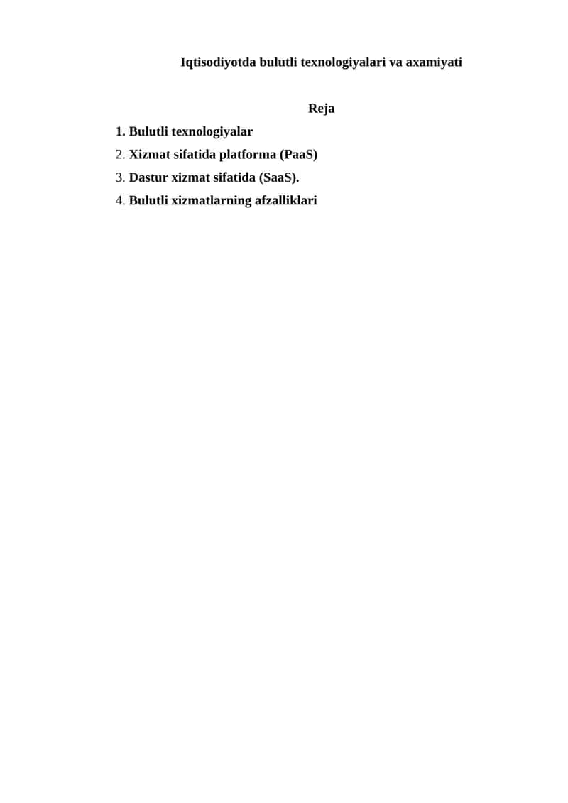 Iqtisodiyotda bulutli texnologiyalari va axamiyati