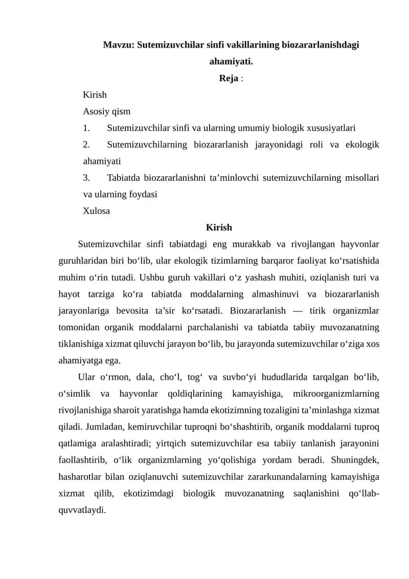 Sutemizuvchilar sinfi vakillarining biozararlanishdagi ahmiyati