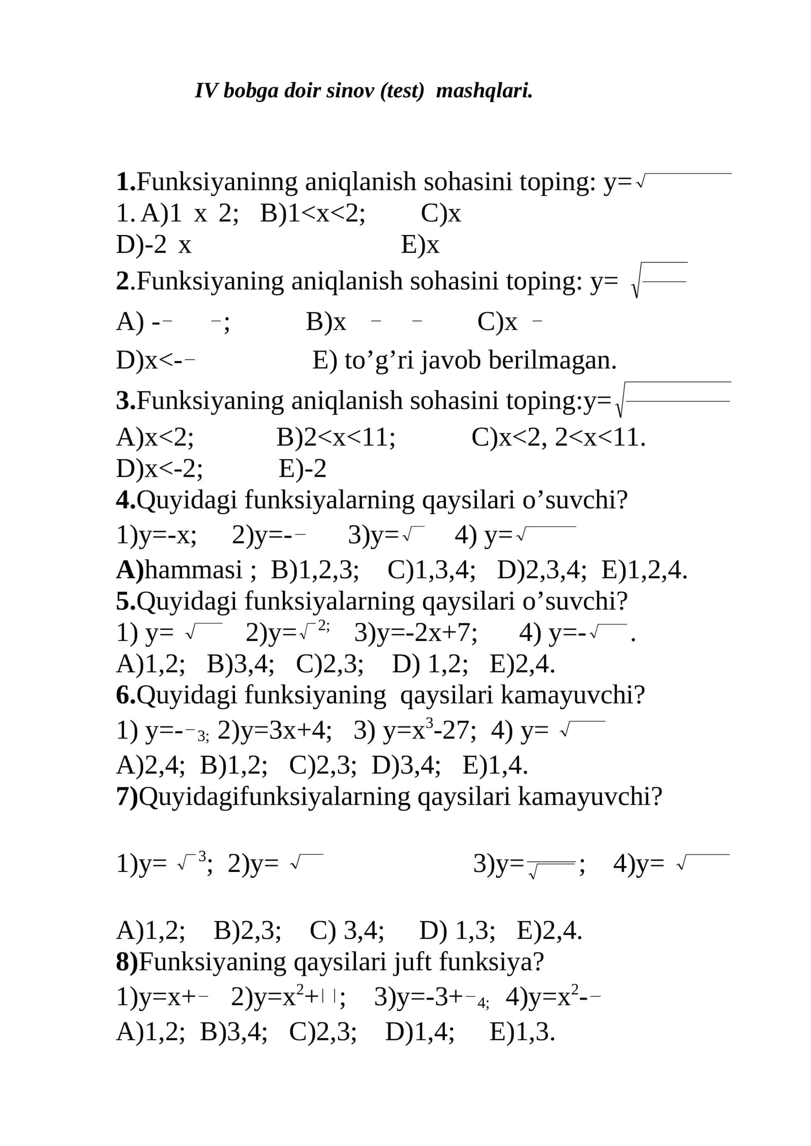 IV bobga doir sinov (test) mashqlari