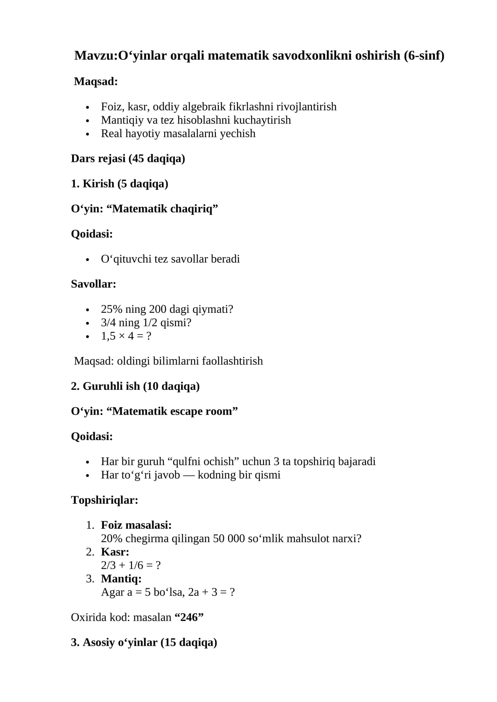 O‘yinlar orqali matematik savodxonlikni oshirish (6-sinf)