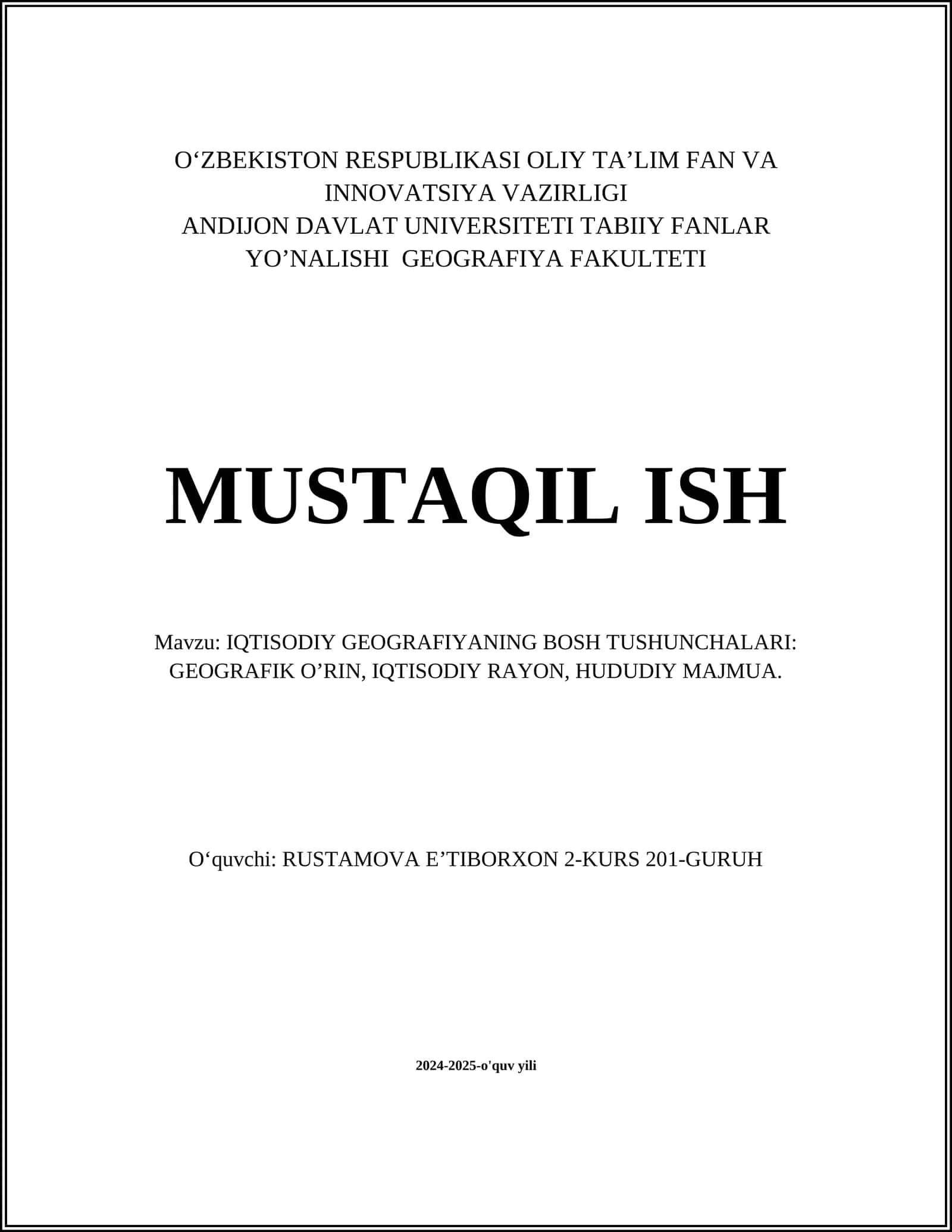 IQTISODIY GEOGRAFIYANING BOSH TUSHUNCHALARI