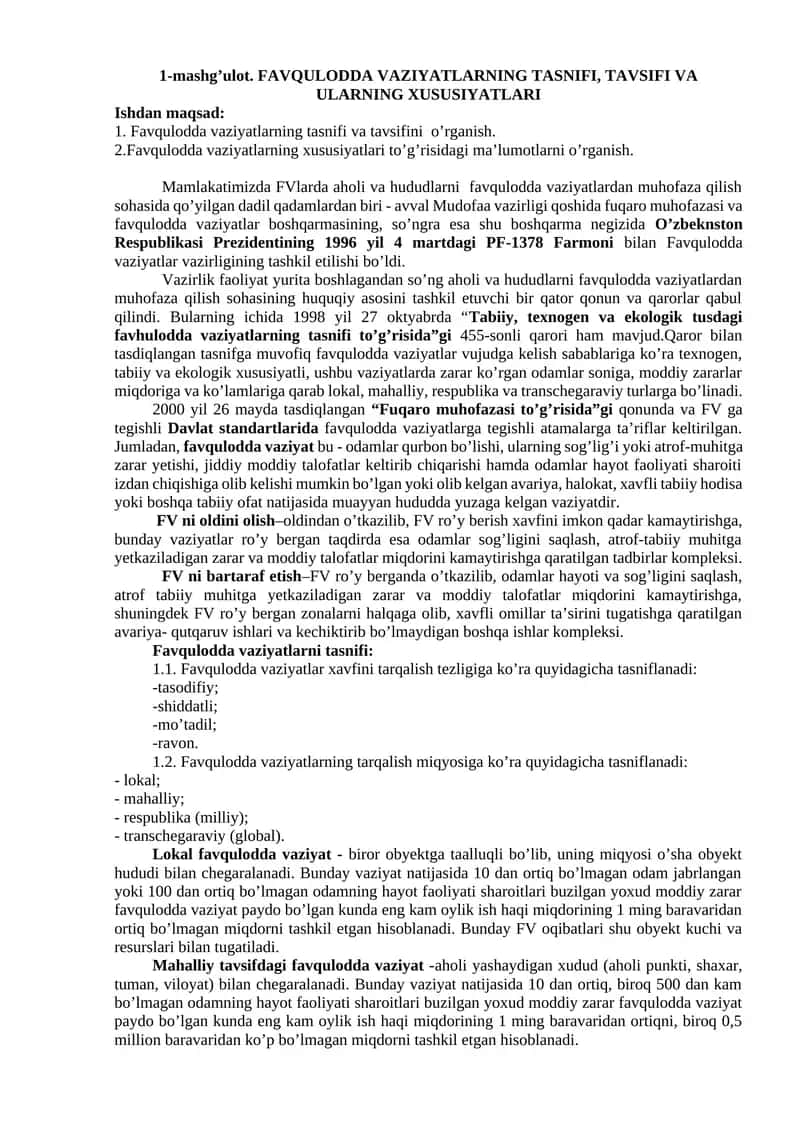 Favqulodda vaziyatlarning tasnifi, tavsifi va ularning xususiyatlari
